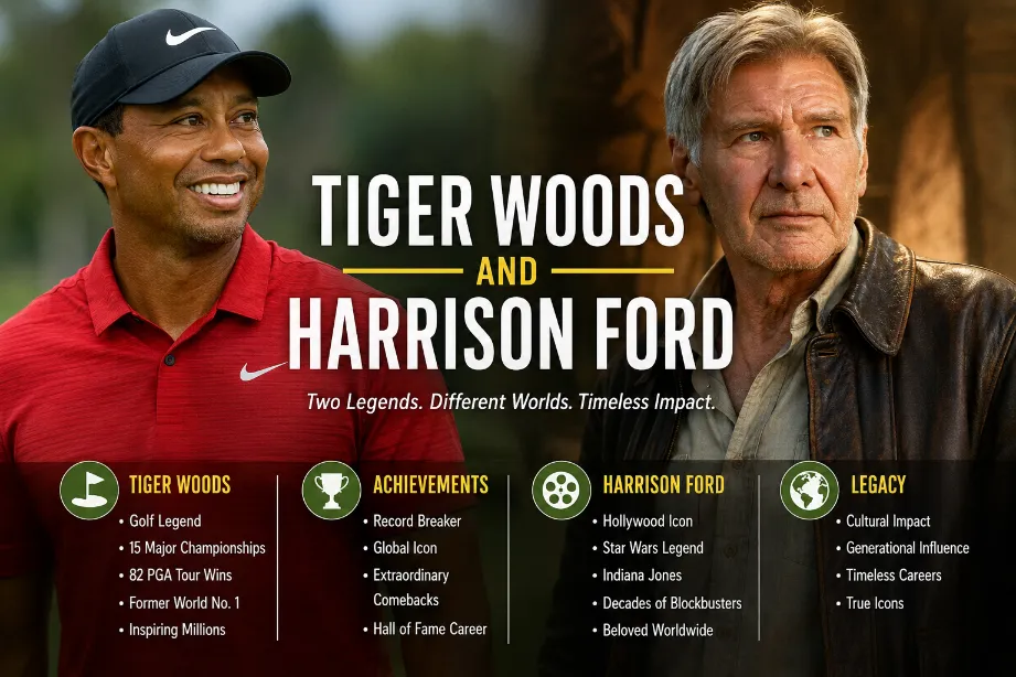 Tiger Woods and Harrison Ford